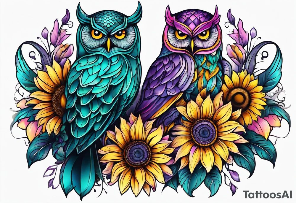 Leg Sleeve with teal, pink and purple owl and yellow sunflowers tattoo idea