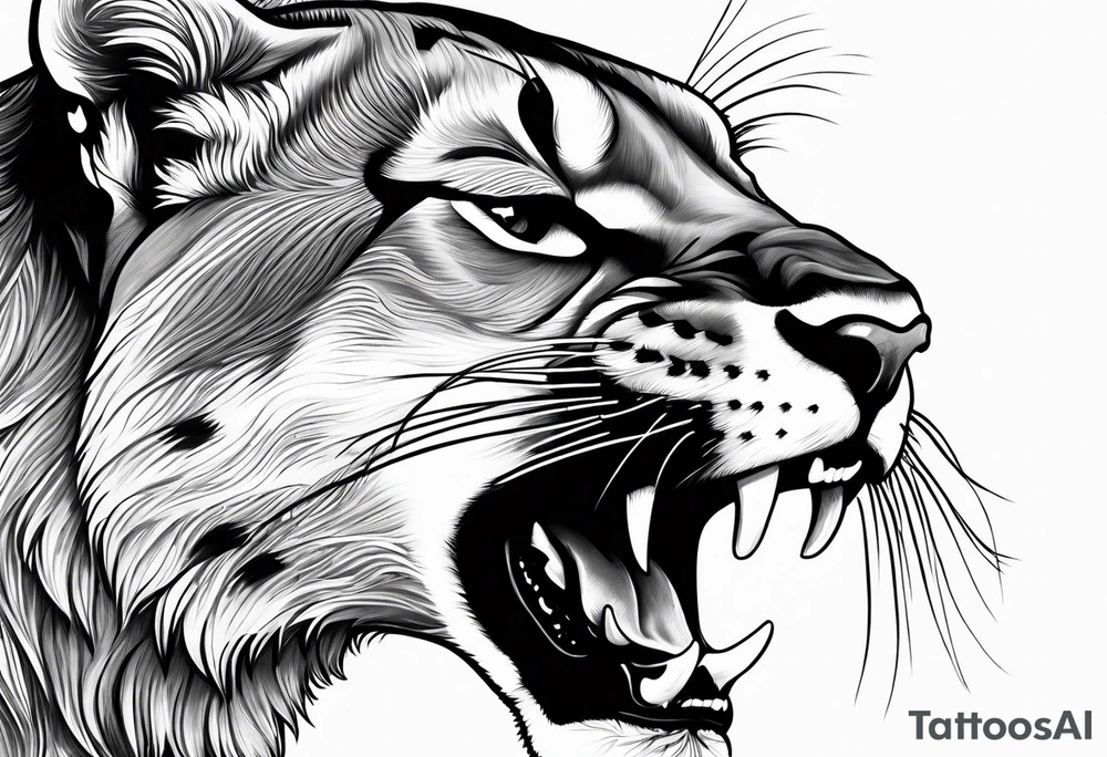 roaring mountain lion head, wilderness background tattoo idea roaring mountain lion head, wilderness background tattoo idea