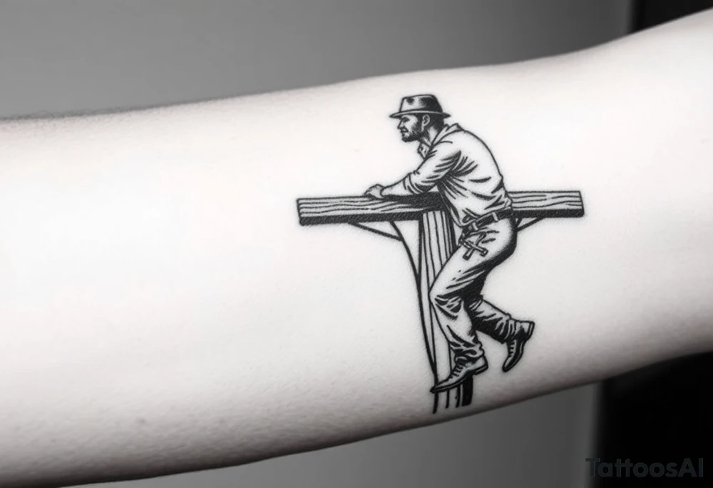 power lineman climbing a wooden 12kv pole. Make the pole a cross that has a hidden resemblance to god. tattoo idea