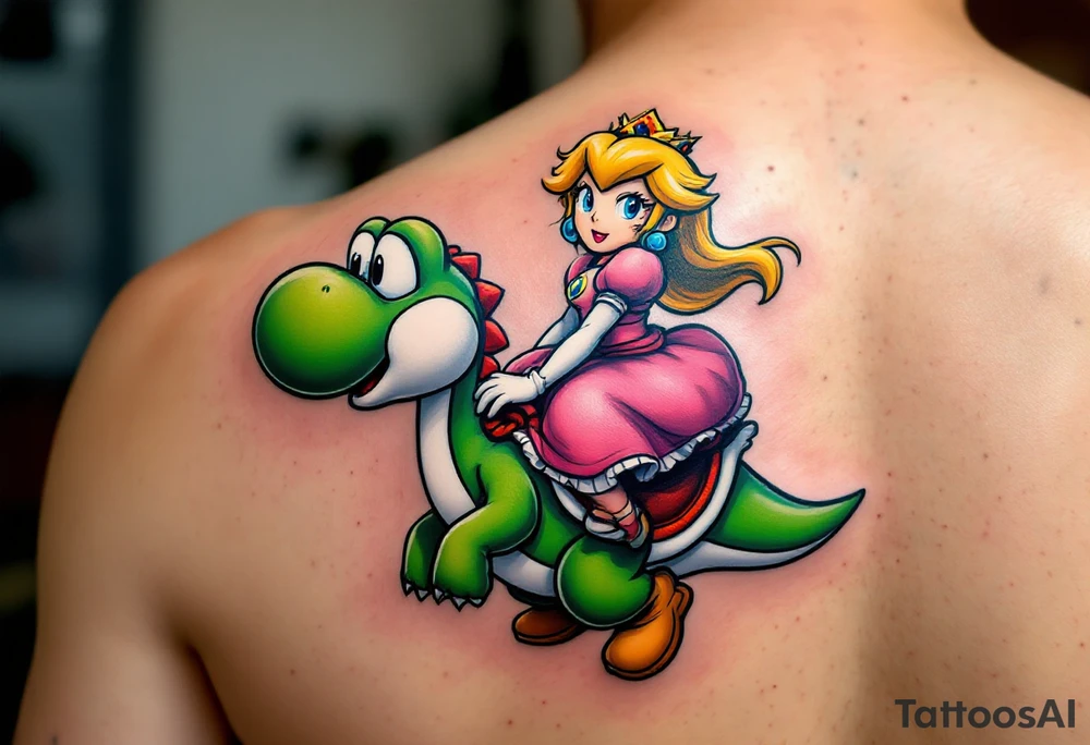 Princess Peach riding Yoshi from Mario Bros with vibrant colors. Make it more like the super Mario bros movie. Her dress should be poofier and covering her legs while he has red saddle with white trim tattoo idea