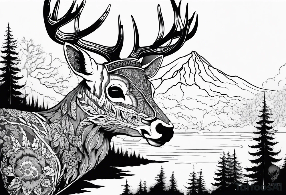 A side view of a dead deer skull surrounded by trees and fire tattoo idea