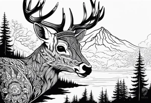 A side view of a dead deer skull surrounded by trees and fire tattoo idea