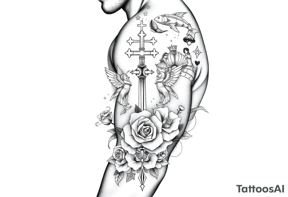 Roulette casino and princess and cross, baby angels, roses and stars and fish, crown, rosebead tattoo idea