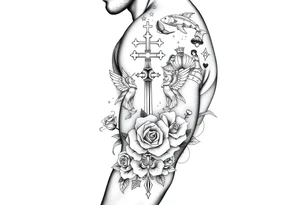 Roulette casino and princess and cross, baby angels, roses and stars and fish, crown, rosebead tattoo idea