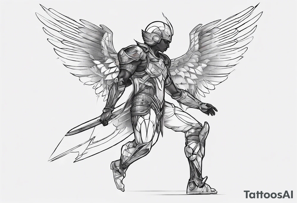 Side view of an black angel wearing inorganic armor that is in mid-air ready to attack tattoo idea