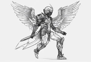 Side view of an black angel wearing inorganic armor that is in mid-air ready to attack tattoo idea