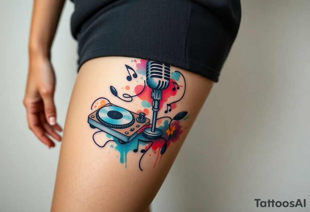 Microphone turntables and music notes graffiti style on a woman's thigh tattoo idea