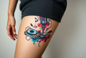 Microphone turntables and music notes graffiti style on a woman's thigh tattoo idea