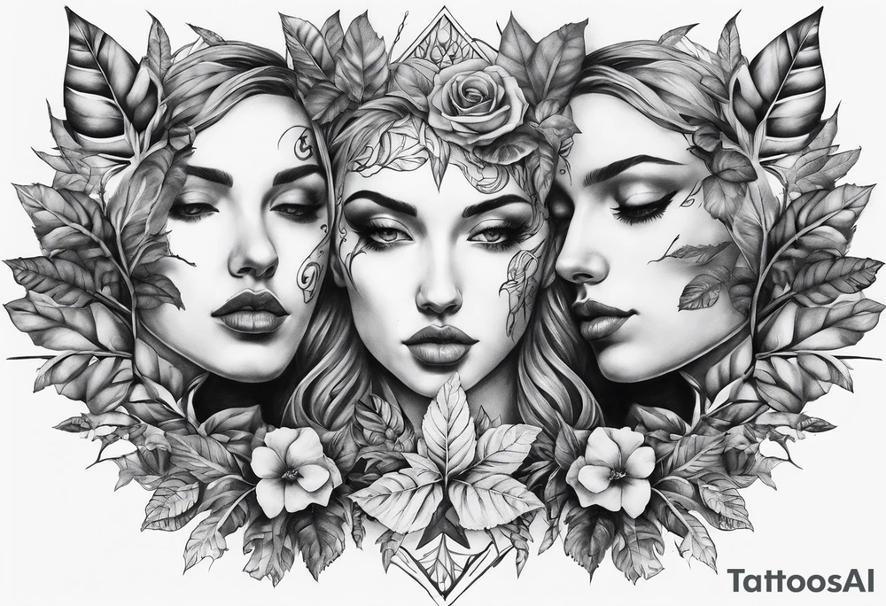 full chest piece two faces with leafs and frames with letters HOPE tattoo idea full chest piece two faces with leafs and frames with letters HOPE tattoo idea