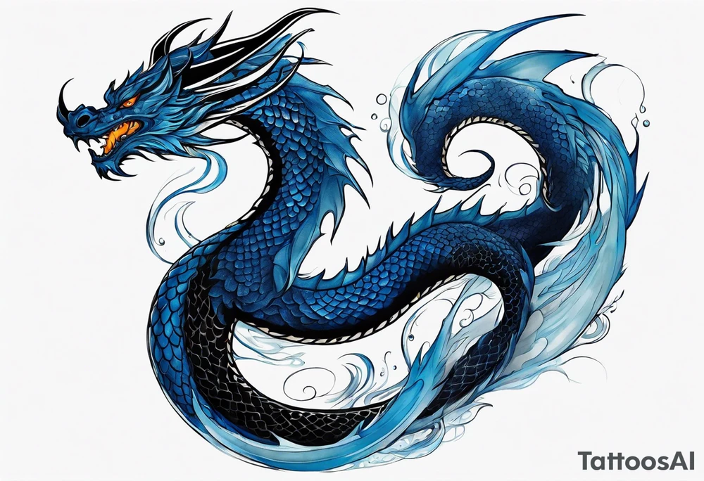 An epic floating dragon. Its long body coiling dynamically, with scales and horns detailed to create a sense of movement and strength. The dragon's main color is midnight blue, giving a vibrant depth and a mystical aura. This tattoo highlights the dragon’s fierce expression and sharp claws. tattoo idea