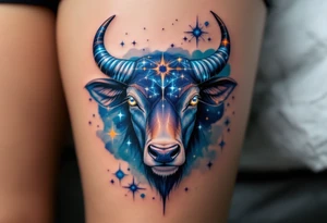 Like a cosmic guardian, Taurus watches with ochre eyes and glowing indigo horns with bold star constellation tattoo idea