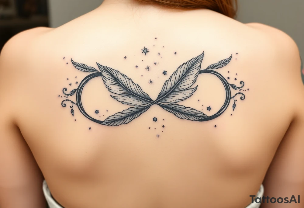 infinity symbol woven with floating feathers and stardust tattoo idea