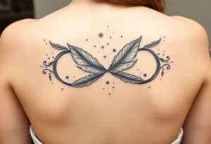 infinity symbol woven with floating feathers and stardust tattoo idea