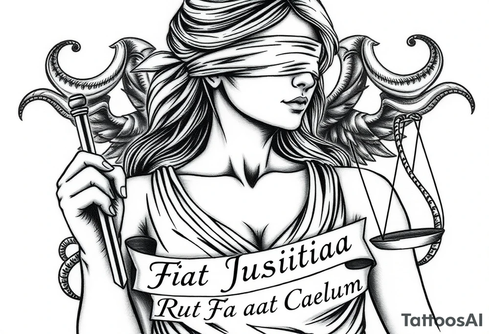 A striking black and grey tattoo design of a regal, blindfolded woman, symbolizing justice. She has an air of strength and wisdom, with flowing hair and a serene yet powerful expression. One breast must be exposed, representing vulnerability and truth. She holds a sword in one hand, symbolizing enforcement of justice, and a set of scales in the other, signifying balance. The Latin phrase ‘Fiat Justitia Ruat Caelum’ is elegantly inscribed in a classical, Roman-inspired font, either flowing beneath her or wrapping around the design. The overall style is a fusion of realism and fine-line tattoo artistry, with intricate shading and dramatic contrasts to give depth and texture. make it to fit the upper right arm tattoo idea