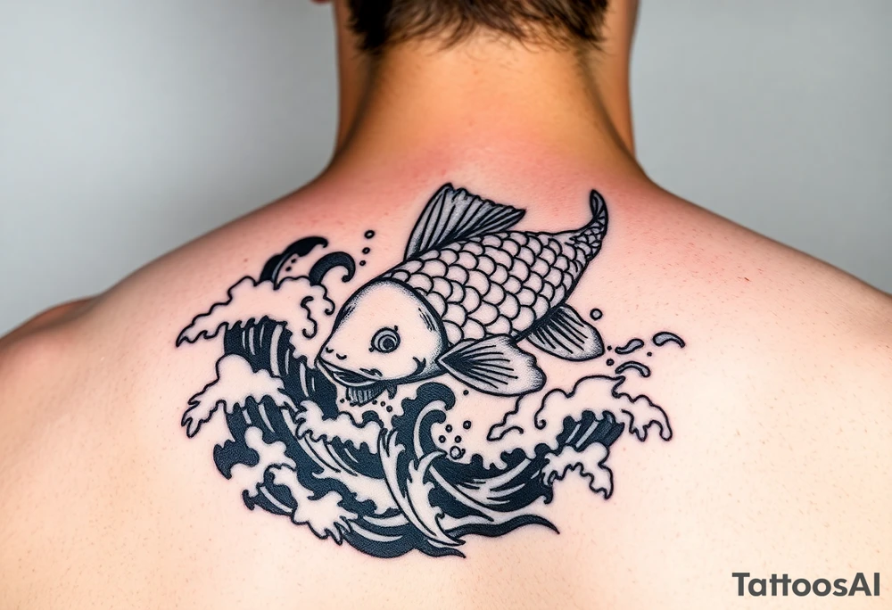 traditional koi fish swimming upstream through turbulent waves tattoo idea