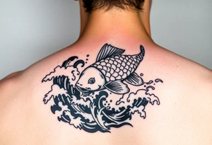 traditional koi fish swimming upstream through turbulent waves tattoo idea