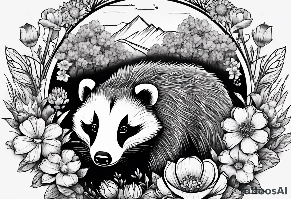 A badger with a cub in a field of flowers, realistic in center and getting more trippy towards the edges tattoo idea