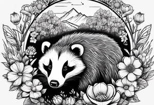 A badger with a cub in a field of flowers, realistic in center and getting more trippy towards the edges tattoo idea