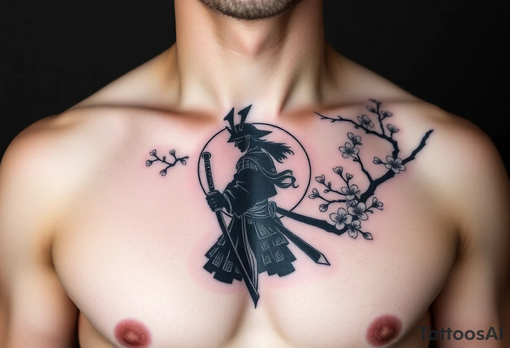 noble samurai warrior silhouette at sunset with cherry blossoms tattoo idea