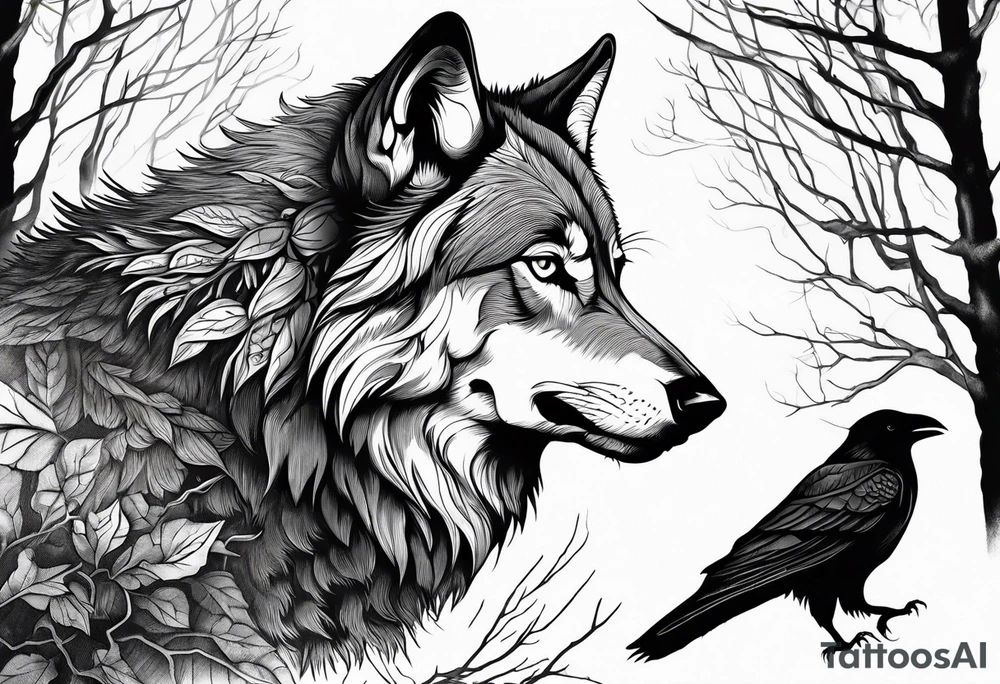 A powerful Wolf ist carrying a crow on His back
Background Woods and thorns tattoo idea