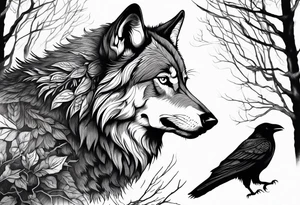 A powerful Wolf ist carrying a crow on His back
Background Woods and thorns tattoo idea