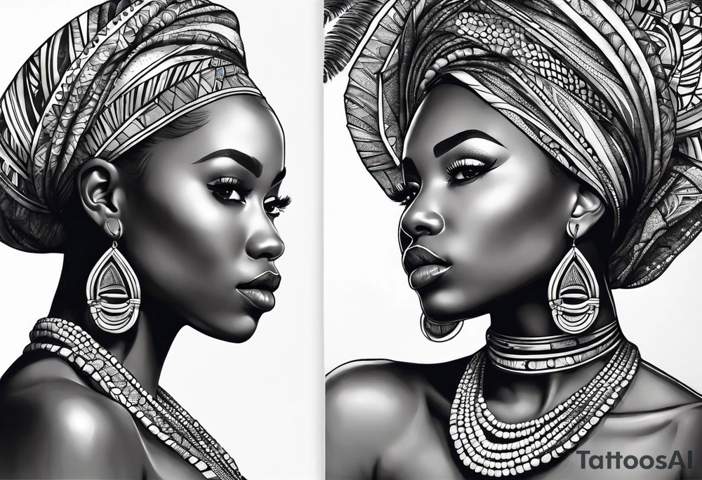 mulher iemanjá africana em preto e cinza com conchas marinhas, fundo da imagem com tons de azul tattoo idea