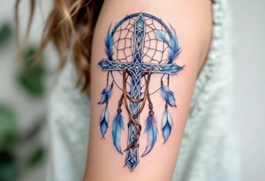 A Celtic cross fused with a dreamcatcher, decorated with brown leather straps and blue and white feathers. tattoo idea