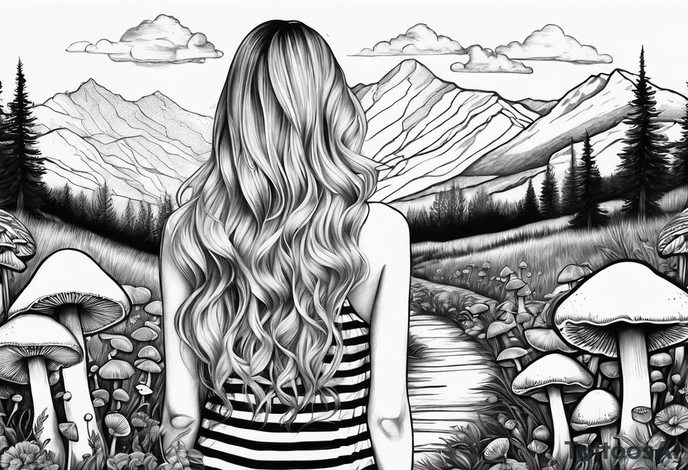 Straight long blonde hair girl in distance holding mushrooms in hand facing away toward mountains surrounded by mushrooms black and white striped dress tattoo idea