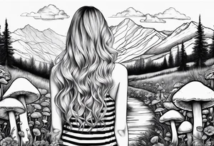 Straight long blonde hair girl in distance holding mushrooms in hand facing away toward mountains surrounded by mushrooms black and white striped dress tattoo idea