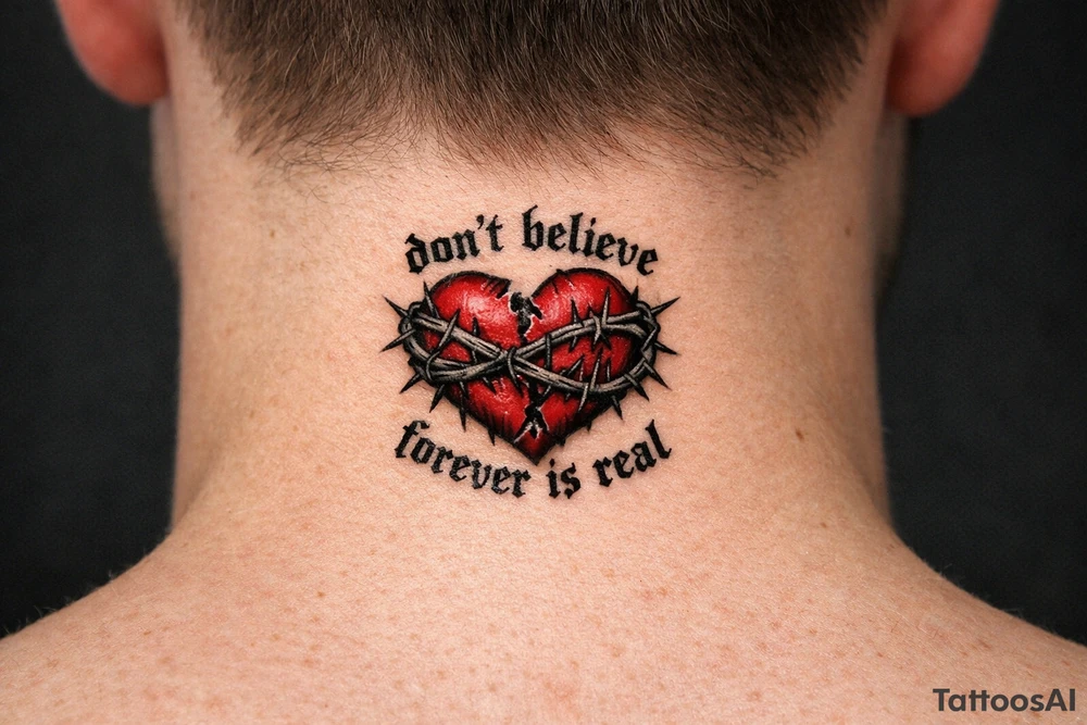 A realistic torn heart coiled together by thorns and around it it says “don’t believe forever is real” tattoo idea