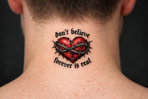 A realistic torn heart coiled together by thorns and around it it says “don’t believe forever is real” tattoo idea