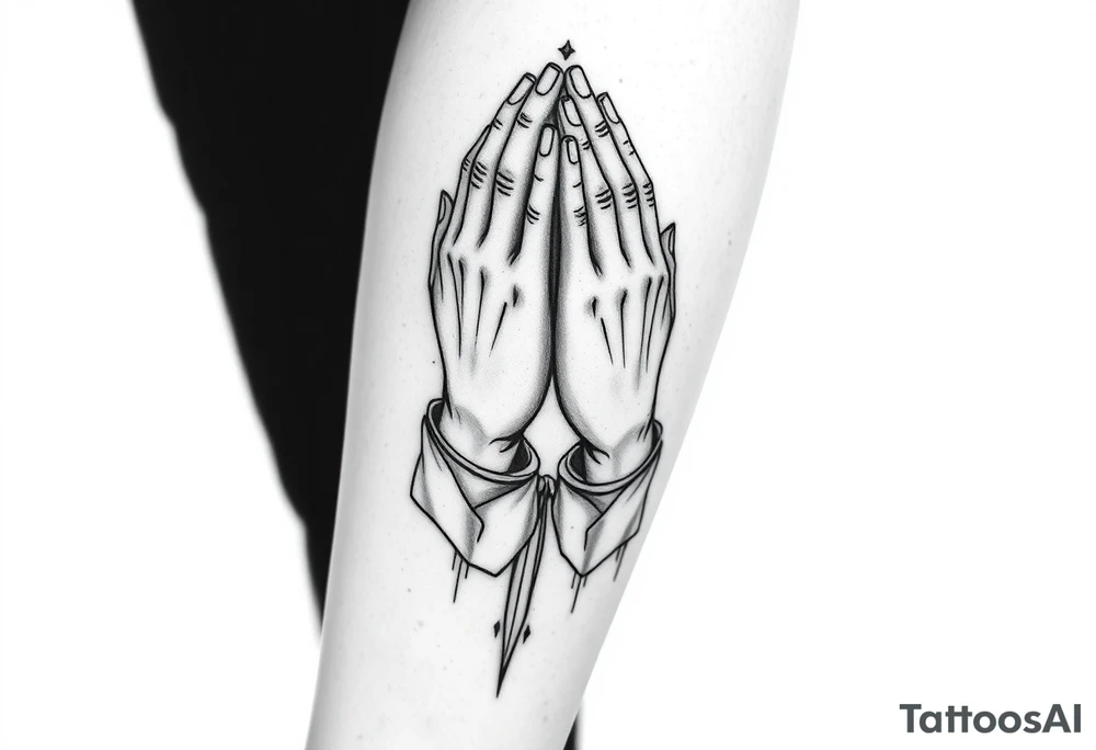 Prayer hands with Last Name Obando on calf tattoo idea