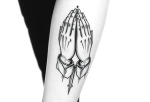 Prayer hands with Last Name Obando on calf tattoo idea