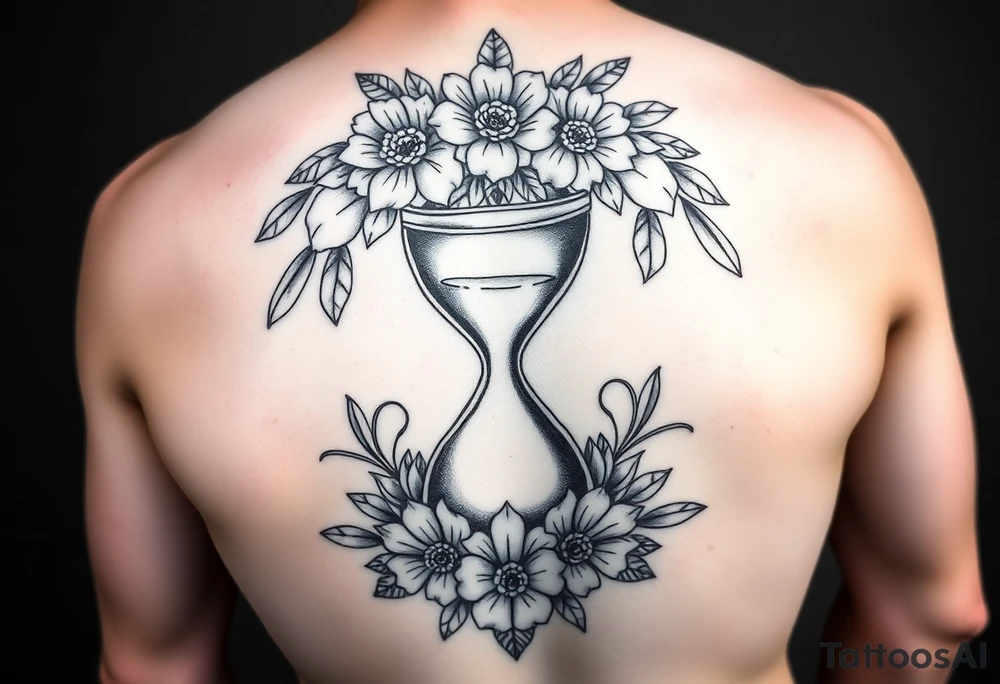 A full back tattoo with soft florals at the top. In the middle, there’s an hourglass. And below it is soft, florals, connecting to the flowers at the top. 
Include sexy mandala pattern lines that curve with the back tattoo idea