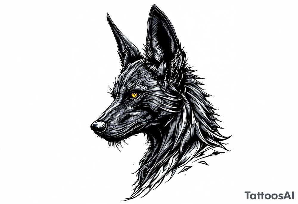 a creature that looks strongly like a combination of Anubis, and a black hound, with the tall pointy ears of a jackal, looking back, serious and daring tattoo idea