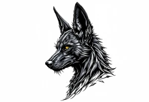 a creature that looks strongly like a combination of Anubis, and a black hound, with the tall pointy ears of a jackal, looking back, serious and daring tattoo idea