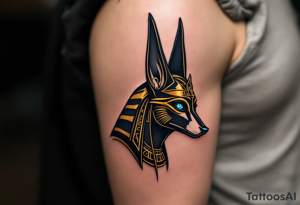 A sleek, minimalist Anubis head in profile, with sharp, angular lines and deep black shading, accentuated by golden Egyptian markings and glowing blue eyes. The ears are tall and pointed, symbolizing divine authority, while subtle hieroglyphic patterns in gold and deep navy frame the design, adding an air of mystery and reverence. tattoo idea
