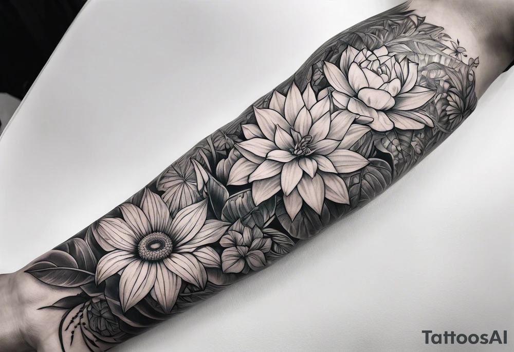full arm sleeve tattoo with jungle plants and flowers tattoo idea
