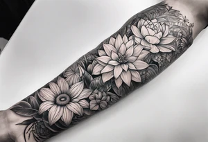 full arm sleeve tattoo with jungle plants and flowers tattoo idea