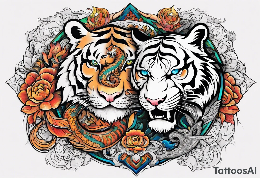 tiger on shoulder and dragon on bicep ying yang contrast tattoo idea