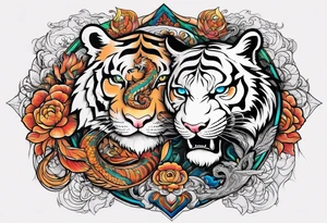 tiger on shoulder and dragon on bicep ying yang contrast tattoo idea