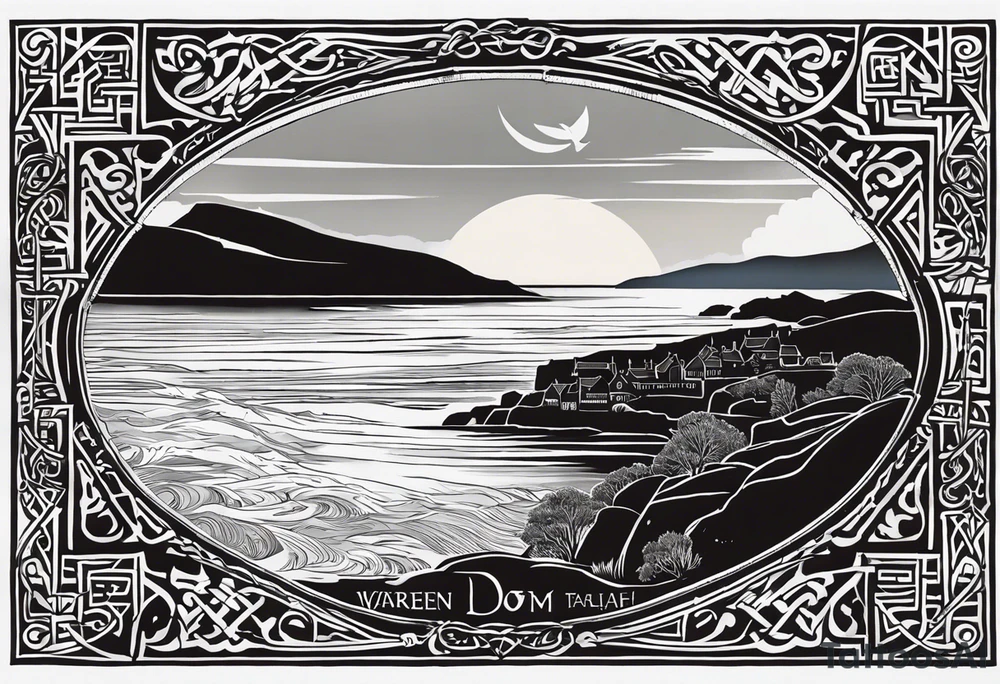 Design me a tattoo for an upper left arm half sleeve, with the script "Áit éigin taobh thall den farraige, áit éigin ag fanacht dom" and to be over a coast scene from the beach at warrenpoint in northern ireland. Make it in the style of Viking design incorporated into the design with a rune, but the text is a must tattoo idea
