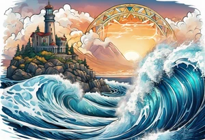 Trident with waves crashing and Atlantis in the background tattoo idea