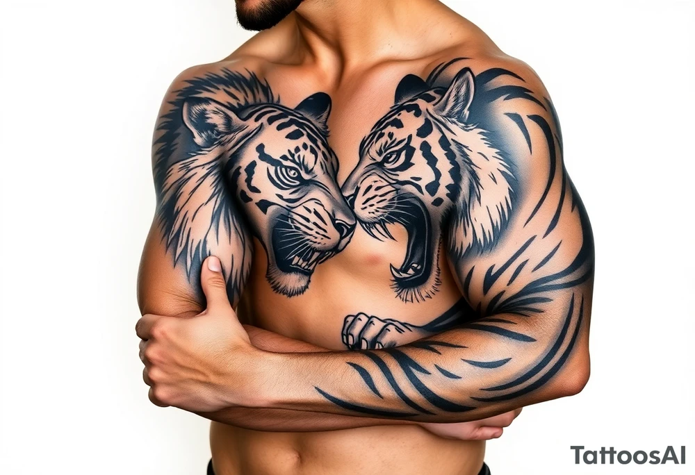 A lion & Tiger fighting tattoo idea