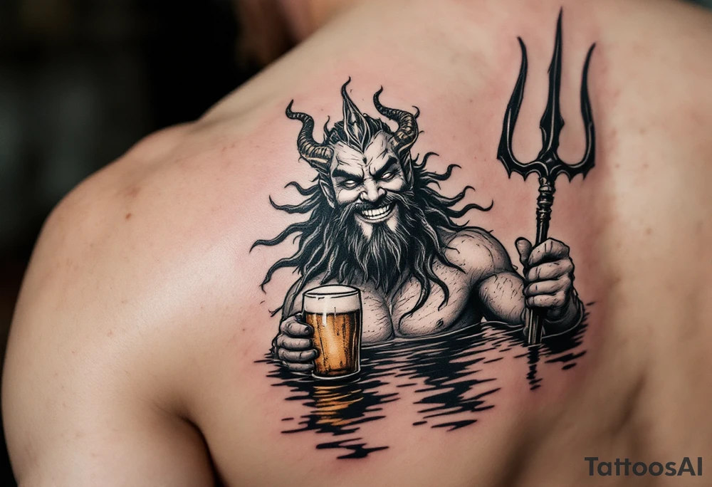 smiling poseidon, with a trident, in calm water, holding a beer tattoo idea