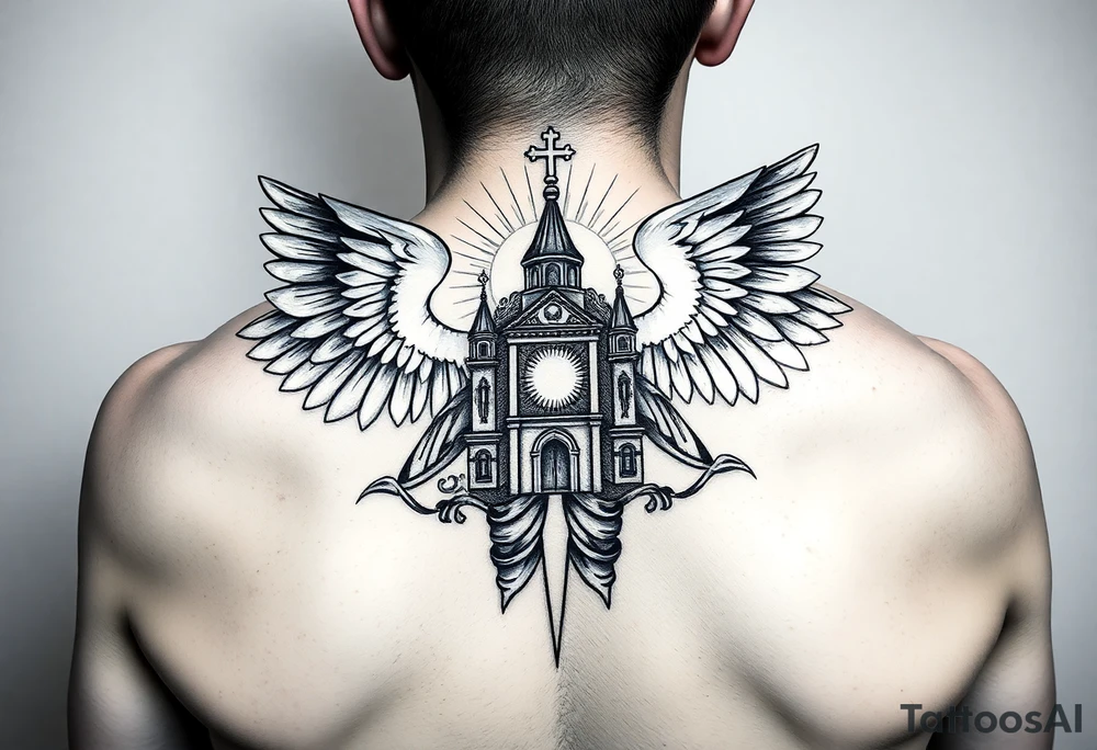 russian coat of arms with both heads visible & wings spanning out on my back neck across on to my shoulders with an orthodox christian church being visible in a mountainous sun beaming setting, with the russian orthodox cross spire of the orthodox church being visible on my neck with a sun beaming in the background that the cross sits inside tattoo idea