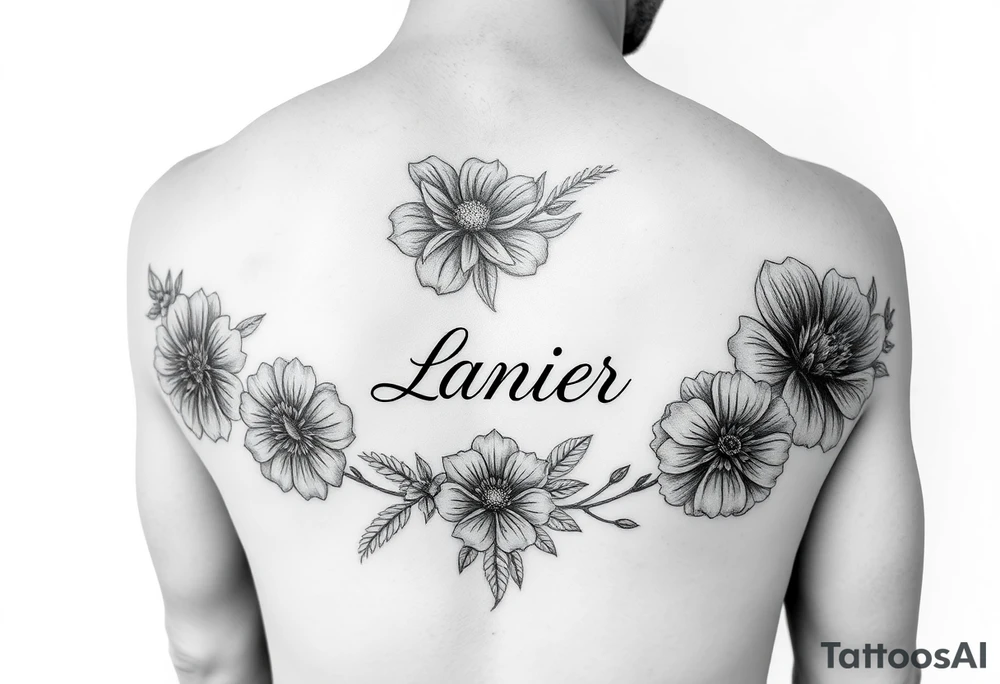 Birth flowers for the month of January February March May, June, July, August, November, and the name Lanier in cursive between the flowers on forarm sleeve tattoo idea