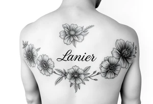 Birth flowers for the month of January February March May, June, July, August, November, and the name Lanier in cursive between the flowers on forarm sleeve tattoo idea