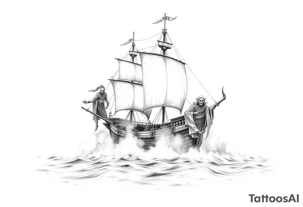 pirat-ship with ghosts surrounded by fog on sea. tattoo idea
