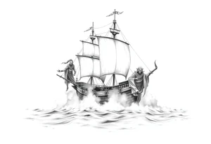 pirat-ship with ghosts surrounded by fog on sea. tattoo idea
